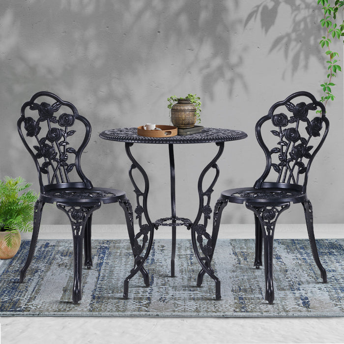 3PC Outdoor Setting Bistro Set Chairs Table Cast Aluminum Rose Black