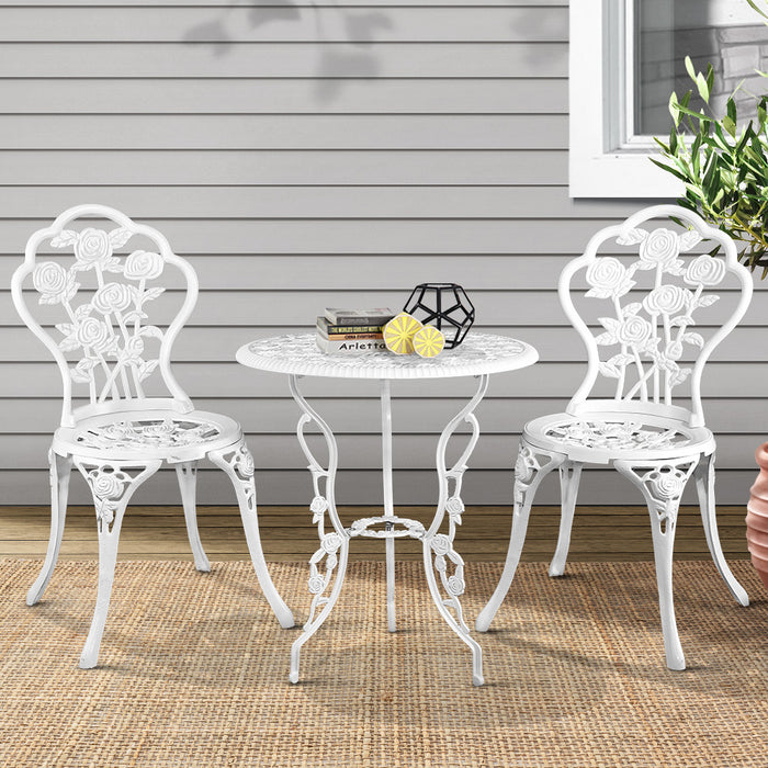 3PC Outdoor Setting Bistro Set Chairs Table Cast Aluminum Patio Furniture Rose White