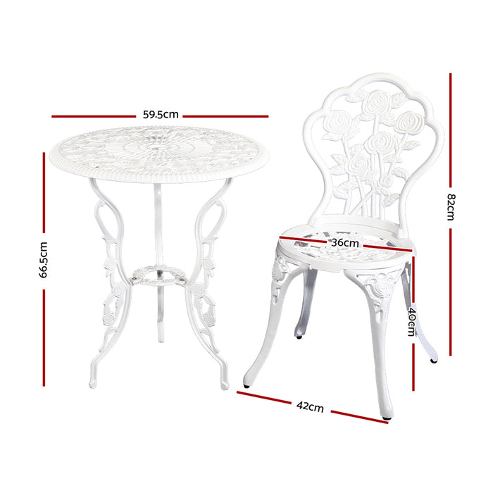3PC Outdoor Setting Bistro Set Chairs Table Cast Aluminum Patio Furniture Rose White