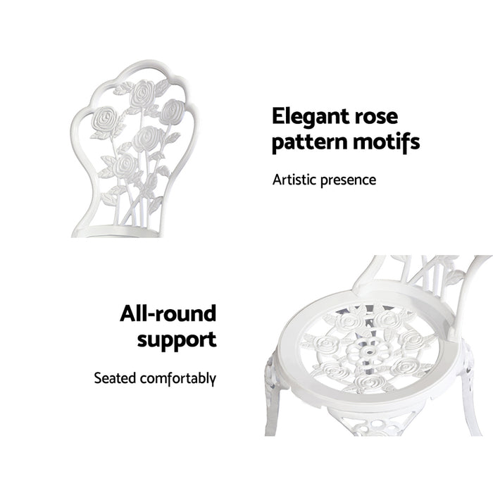 3PC Outdoor Setting Bistro Set Chairs Table Cast Aluminum Patio Furniture Rose White