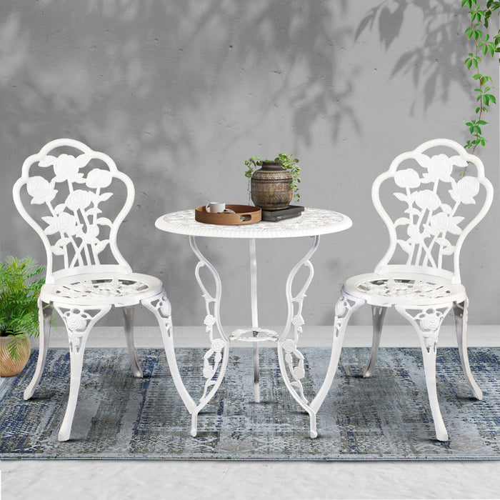 3PC Outdoor Setting Bistro Set Chairs Table Cast Aluminum Patio Furniture Rose White
