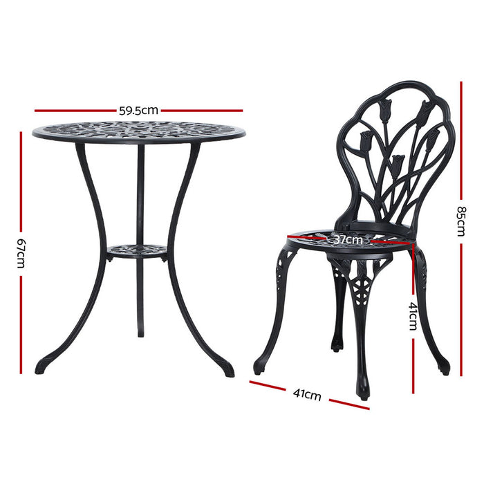 3PC Outdoor Setting Bistro Set Chairs Table Cast Aluminum Patio Furniture Tulip Black