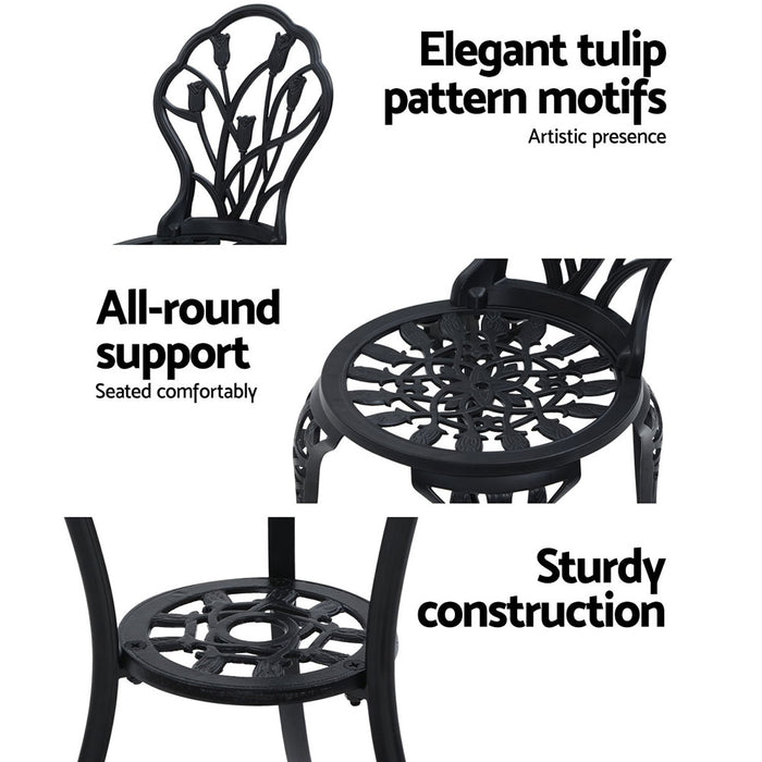 3PC Outdoor Setting Bistro Set Chairs Table Cast Aluminum Patio Furniture Tulip Black