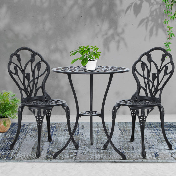 3PC Outdoor Setting Bistro Set Chairs Table Cast Aluminum Patio Furniture Tulip Black