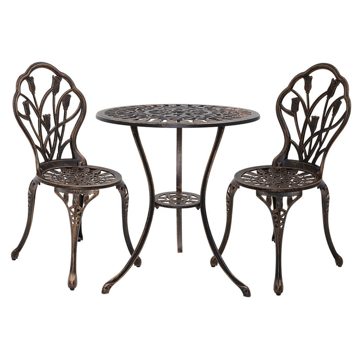 3PC Outdoor Setting Bistro Set Chairs Table Cast Aluminum Patio Furniture Tulip Bronze