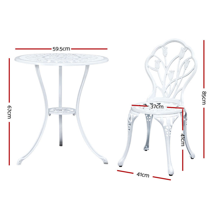 3PC Outdoor Setting Bistro Set Chairs Table Cast Aluminum Patio Furniture Tulip White