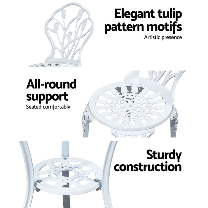 3PC Outdoor Setting Bistro Set Chairs Table Cast Aluminum Patio Furniture Tulip White