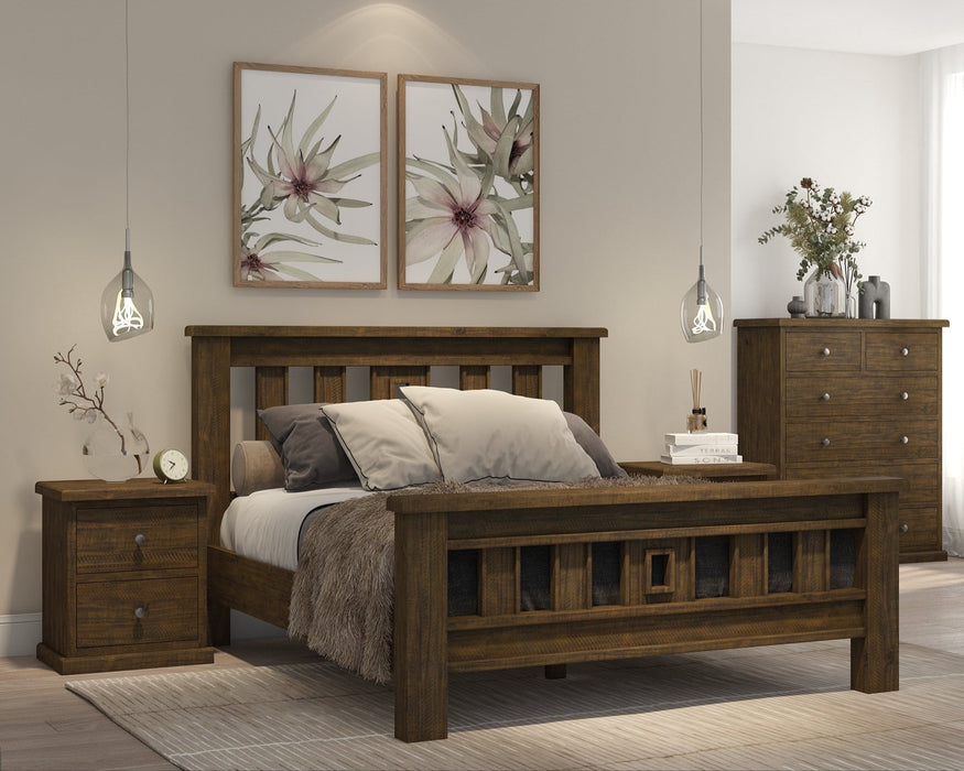Wooden bedroom furniture set including bed, dresser, and nightstands in a room setting.