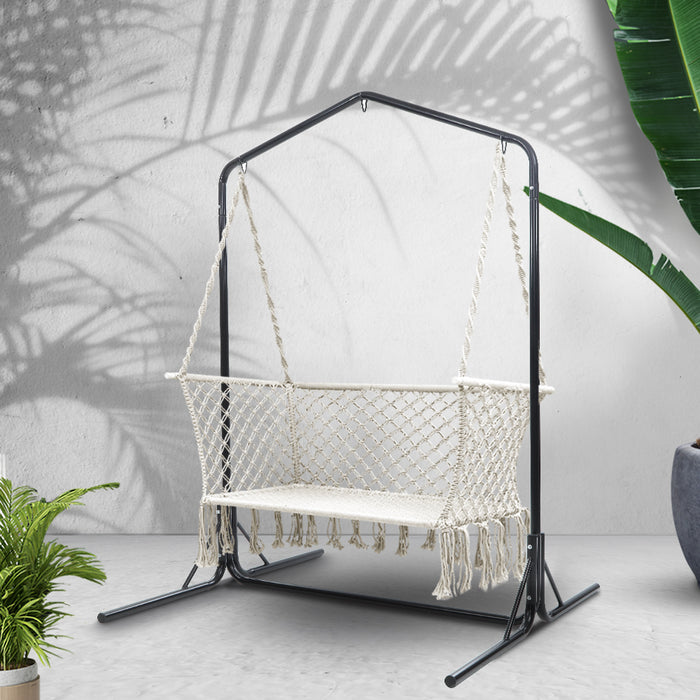 Hammock Chair with Stand Macrame Outdoor Garden 2 Seater Cream