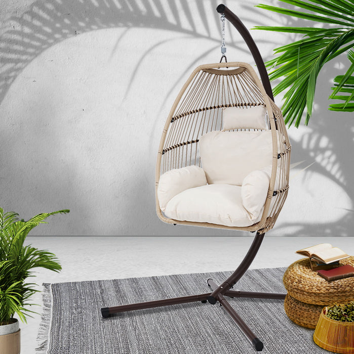 Outdoor Egg Swing Chair Hanging Chair Wicker Rope Pod Stand Cushion Latte