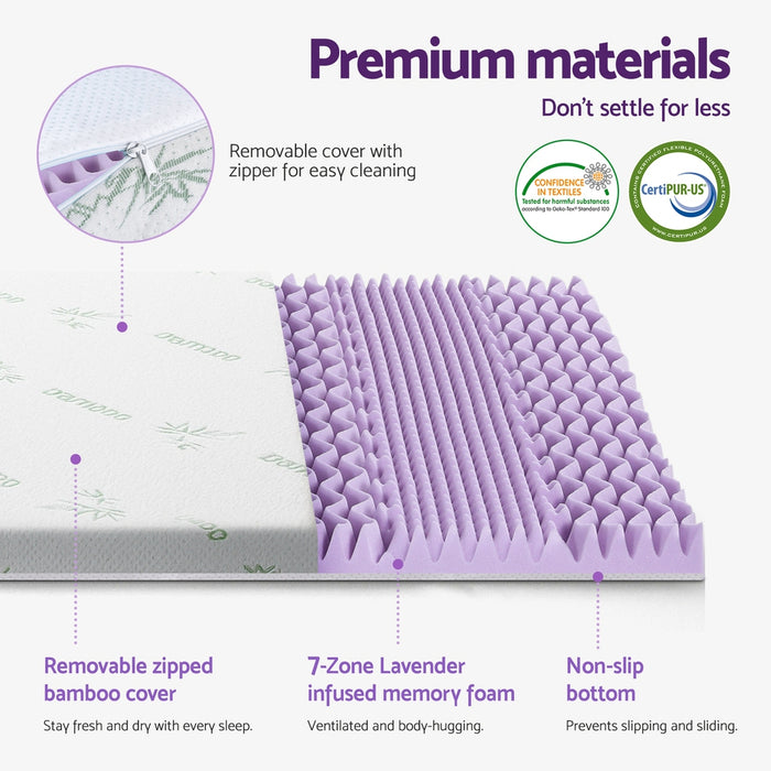 8cm Memory Foam Mattress Topper Lavender Infused Bamboo Cover 7-Zone Single