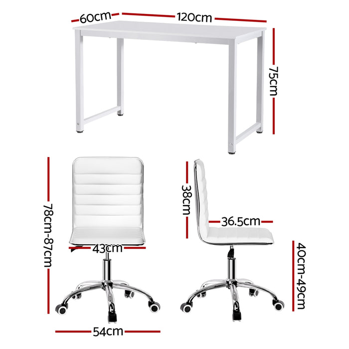 Computer Desk 120cm Executive Office Chairs Set PU Leather Low Back White