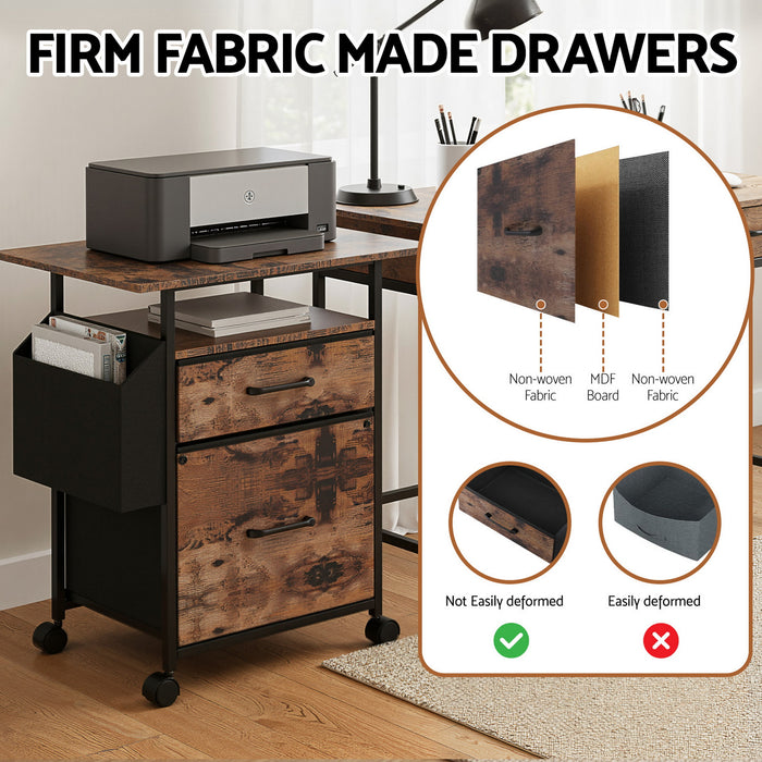 2 Fabric Drawer File Cabinet Printer Stand Rolling File Cabinet with Side Bag