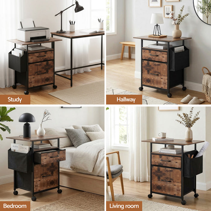 2 Fabric Drawer File Cabinet Printer Stand Rolling File Cabinet with Side Bag