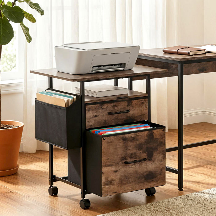 2 Fabric Drawer File Cabinet Printer Stand Rolling File Cabinet with Side Bag
