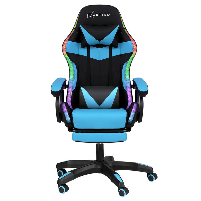 Gaming Office Chair 12 RGB LED Massage Computer Work Seat Footrest Cyan