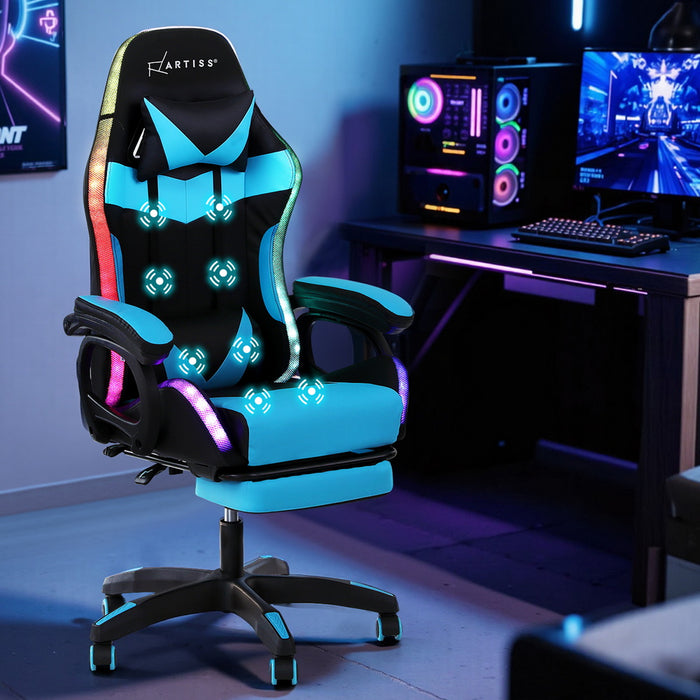 Gaming Office Chair 12 RGB LED Massage Computer Work Seat Footrest Cyan