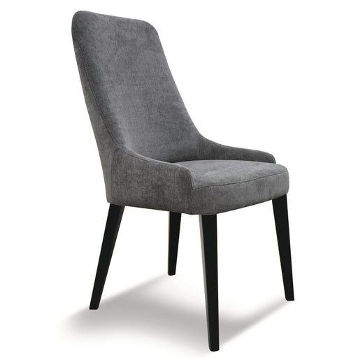 Two gray upholstered chairs with black legs on a white background