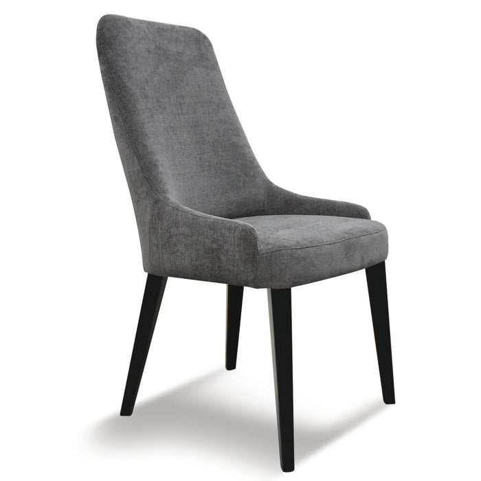 Two gray upholstered chairs with black legs on a white background