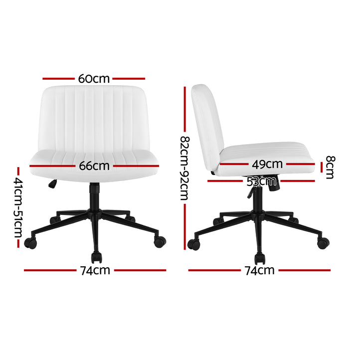 Criss Cross Chair with Wheels Wide Cross Legged Office Desk Vanity Chair PU Leather, Armless Height Adjustable Swivel Home Office Chair for Home Computer Task, White
