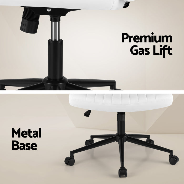 Criss Cross Chair with Wheels Wide Cross Legged Office Desk Vanity Chair PU Leather, Armless Height Adjustable Swivel Home Office Chair for Home Computer Task, White