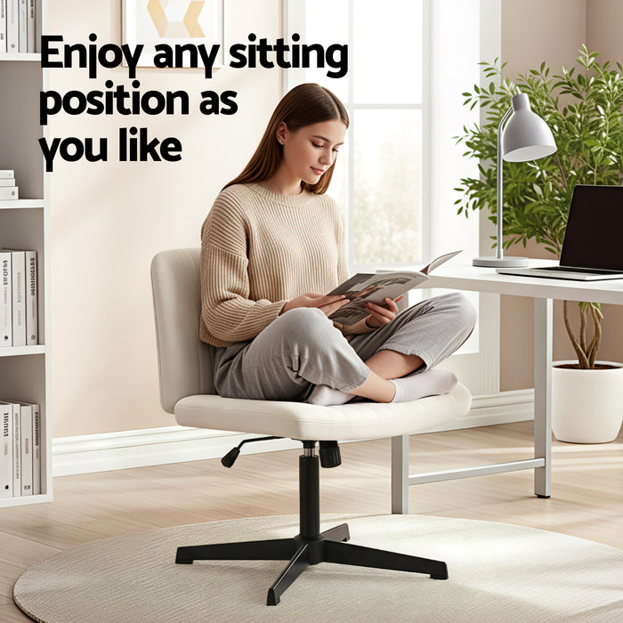 Criss Cross Chair No Wheels Fabric Wide Cross Legged Office Desk Vanity Chair Armless, Height Adjustable, Swivel Home Office Chair for Home Computer Task, Beige