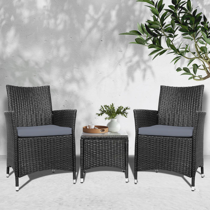 3PC Outdoor Bistro Set Patio Furniture Wicker Setting Chairs Table Cushion Black