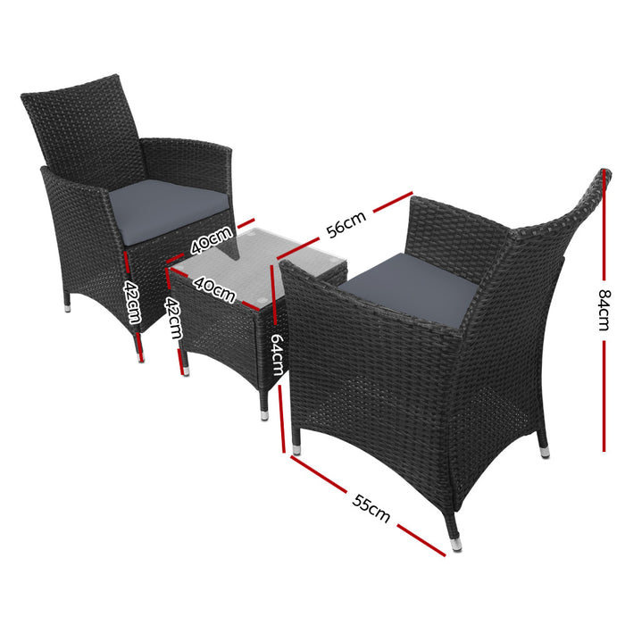 3PC Outdoor Bistro Set Patio Furniture Wicker Setting Chairs Table Cushion Black