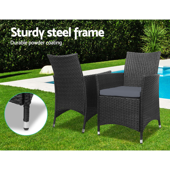 3PC Outdoor Bistro Set Patio Furniture Wicker Setting Chairs Table Cushion Black