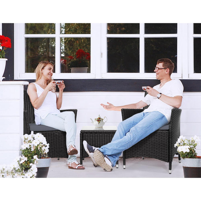 3PC Outdoor Bistro Set Patio Furniture Wicker Setting Chairs Table Cushion Black