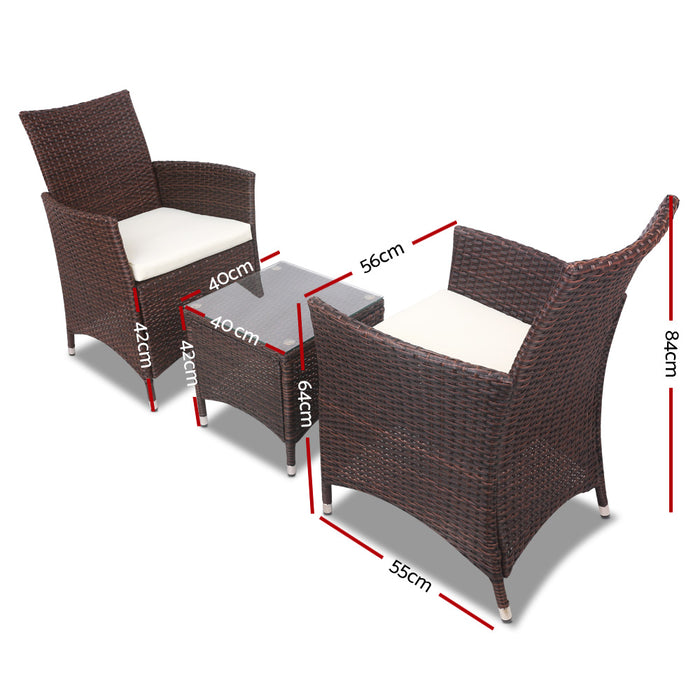 3PC Outdoor Bistro Set Patio Furniture Wicker Setting Chairs Table Cushion Brown