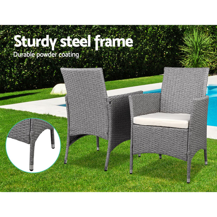 3PC Outdoor Bistro Set Patio Furniture Wicker Setting Chairs Table Cushion Grey