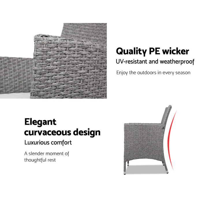 3PC Outdoor Bistro Set Patio Furniture Wicker Setting Chairs Table Cushion Grey