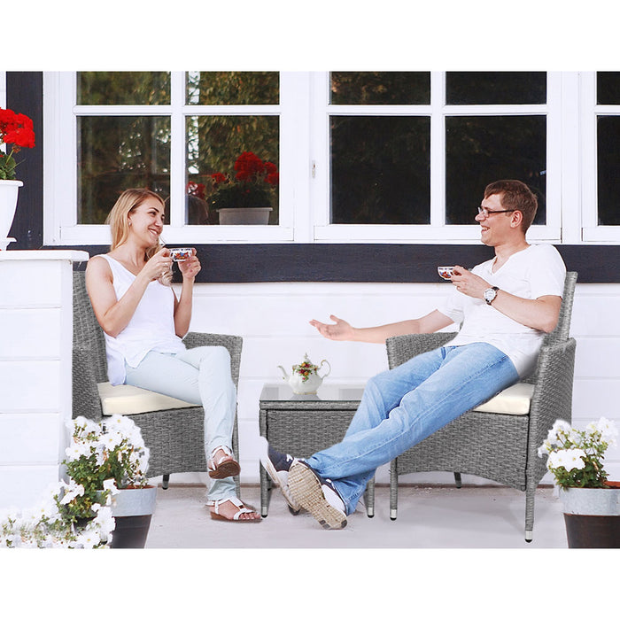 3PC Outdoor Bistro Set Patio Furniture Wicker Setting Chairs Table Cushion Grey