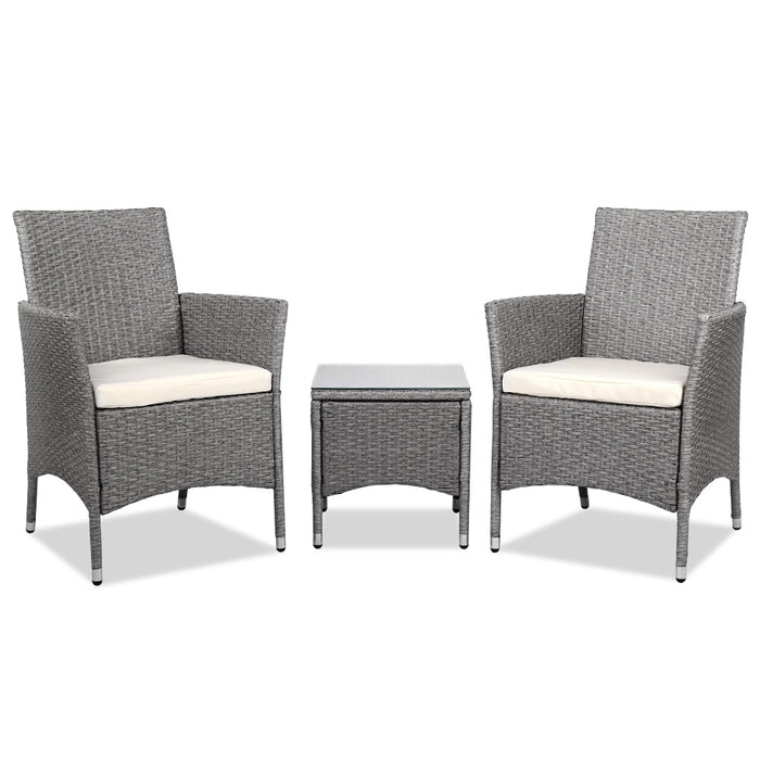 3PC Outdoor Bistro Set Patio Furniture Wicker Setting Chairs Table Cushion Grey