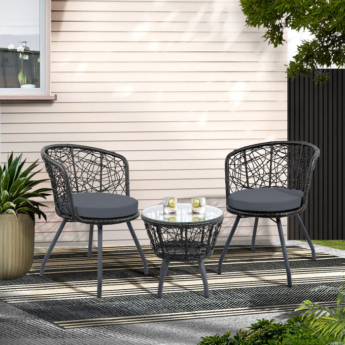 3PC Bistro Set Outdoor Furniture Rattan Table Chairs Patio Garden Cushion Black