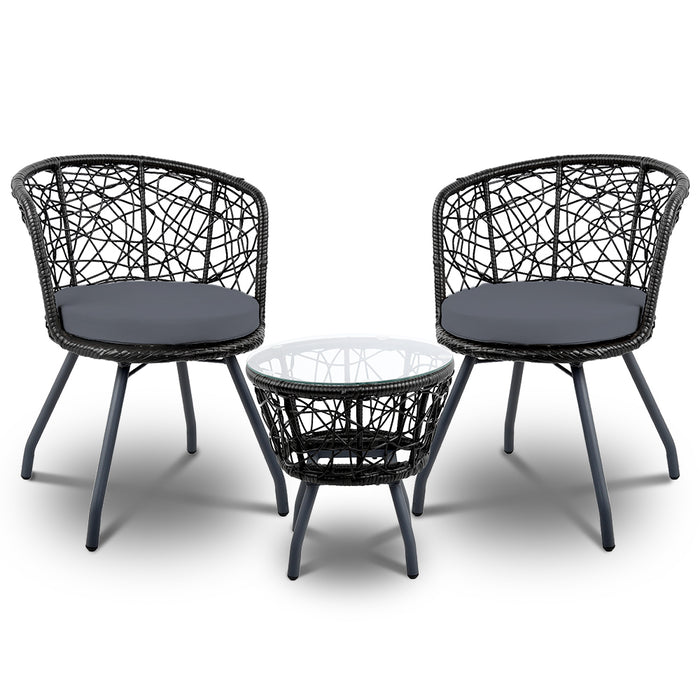 3PC Bistro Set Outdoor Furniture Rattan Table Chairs Patio Garden Cushion Black