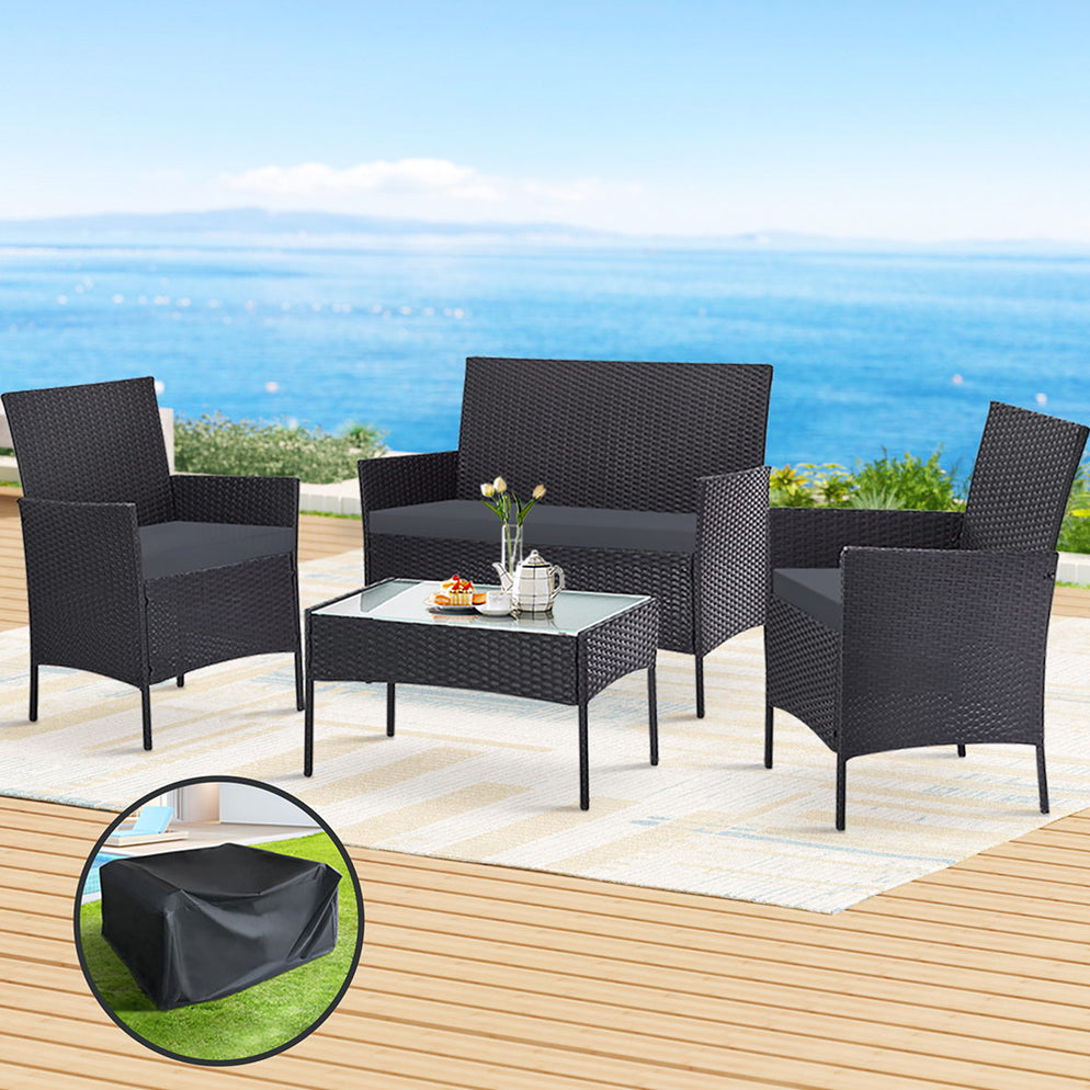 4 Seater Outdoor Sofa Set with Storage Cover Wicker Table Chair DarkGr ...