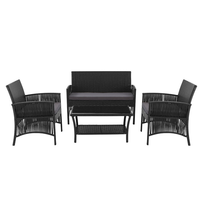 4PCS OutdoorSofa Set with Storage Cover Wicker Harp Chair Table Black