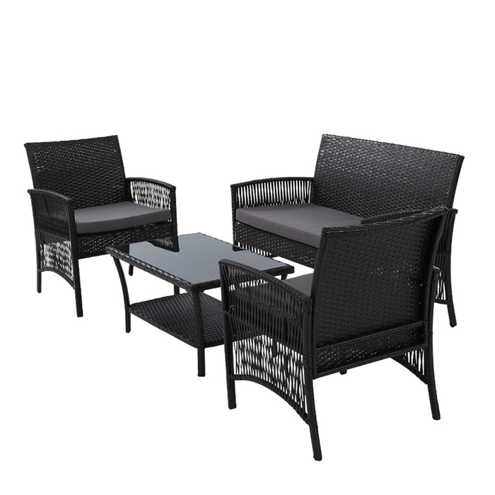 4PCS OutdoorSofa Set with Storage Cover Wicker Harp Chair Table Black