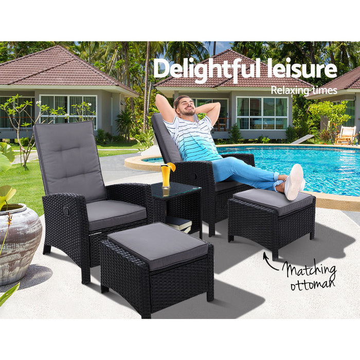 5PC Recliner Chairs Table Sun lounge Wicker Outdoor Furniture Adjustable Black