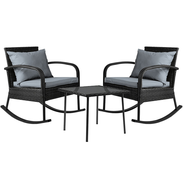 3PC Rocking Chair Table Wicker Outdoor Furniture Patio Bistro Set Black
