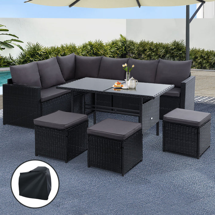 Outdoor Dining Set Sofa Lounge Setting Chairs Table Ottoman Black Cover