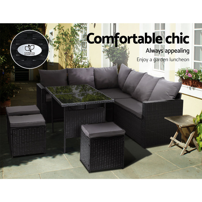 Outdoor Dining Set Sofa Lounge Setting Chairs Table Ottoman Black Cover