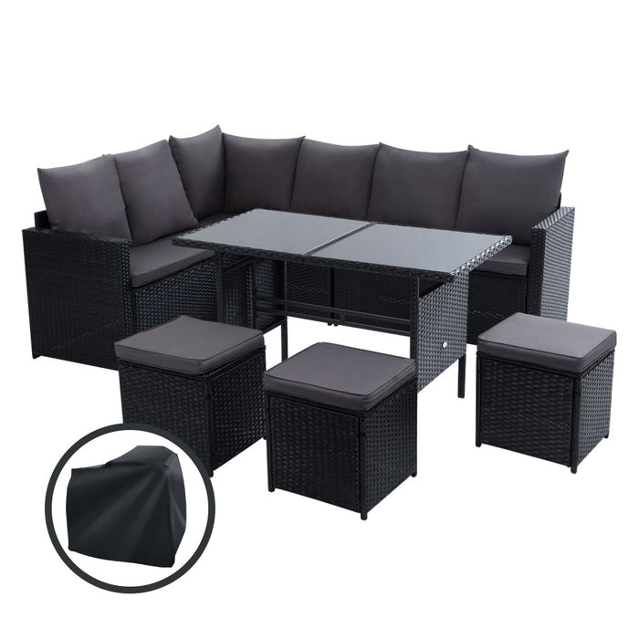 Outdoor Dining Set Sofa Lounge Setting Chairs Table Ottoman Black Cover