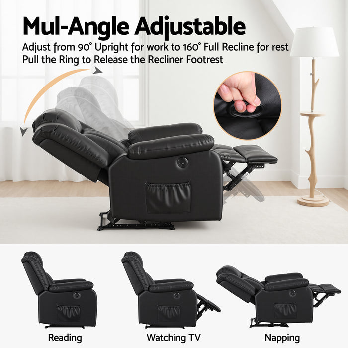 Manual Massage Recliner Chair for Living Room, Leather Sofa Lounge Reclining Chair with 2 USB Port, 160¬∞ Recline Reading Chair with 20CM Wide Armrests, 8 Point Vibration & Lumbar Heat, Black