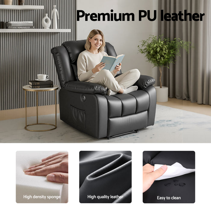 Manual Massage Recliner Chair for Living Room, Leather Sofa Lounge Reclining Chair with 2 USB Port, 160¬∞ Recline Reading Chair with 20CM Wide Armrests, 8 Point Vibration & Lumbar Heat, Black