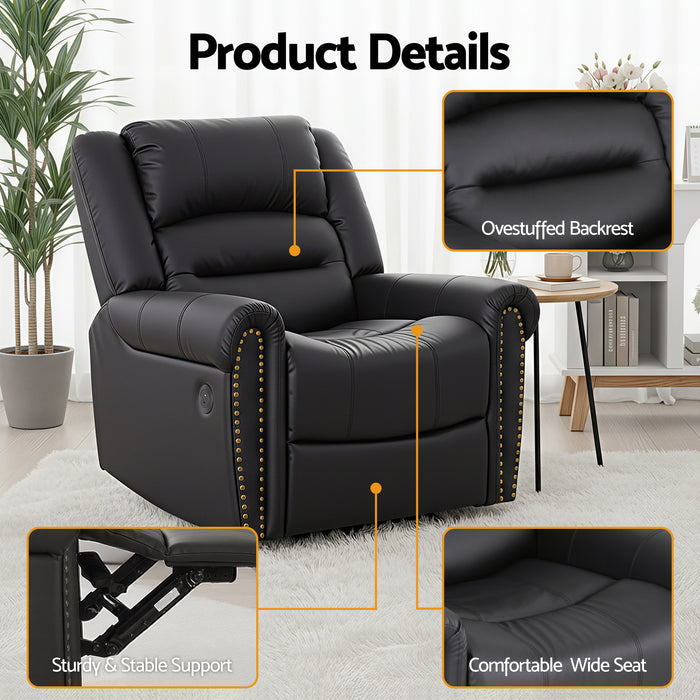Leather Manual Recliner Chair with USB Charge Port, Overstuffed Armchair Sofa for Living Room and Nursery, Asjustable Theater Reclining Lounge with Comfortable Wide Seat, 150kg Capacity, Black