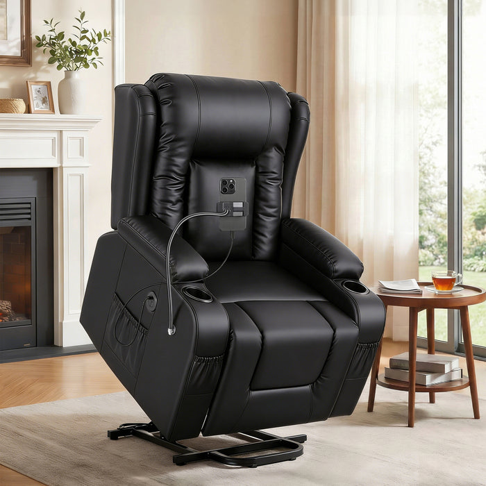 Power Lift Recliner Chair with Massage and Heat for Elderly, Electric Sofa Reclining Chair with USB and Phone Holder, PU Leather Comfy Armchair for Living Room, 2 Cup Holder & 4 Pockets, Black