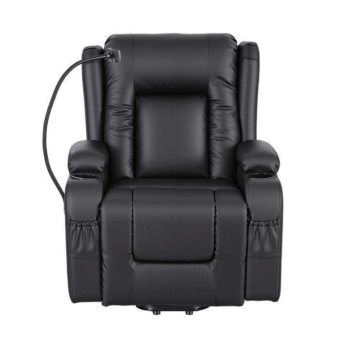 Power Lift Recliner Chair with Massage and Heat for Elderly, Electric Sofa Reclining Chair with USB and Phone Holder, PU Leather Comfy Armchair for Living Room, 2 Cup Holder & 4 Pockets, Black